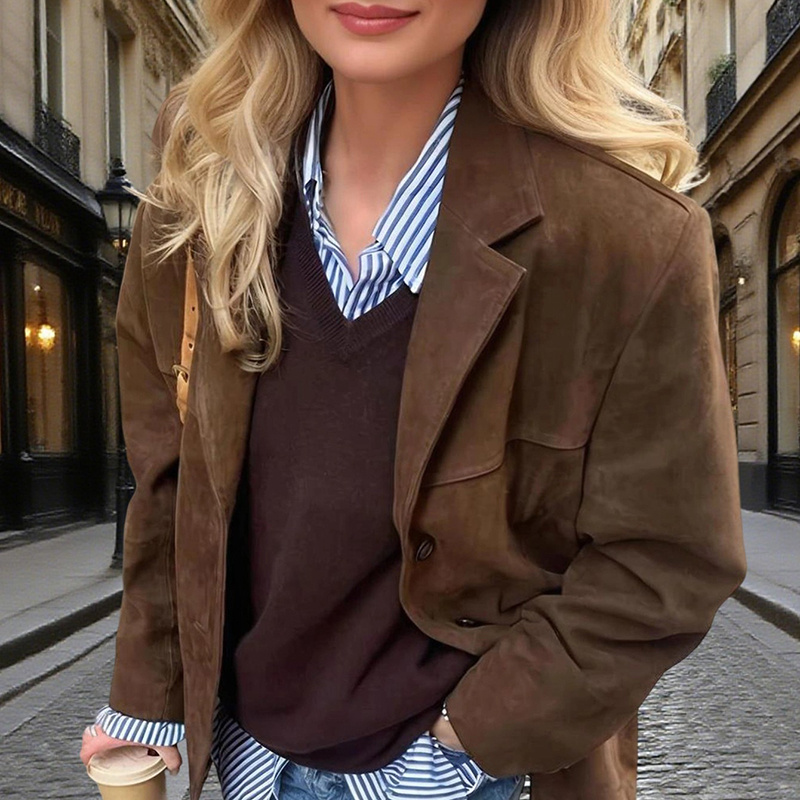 Women's Suede-Look Blazer Jacket, Classic V-Notch - Image 8