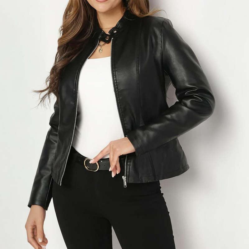 Women's Solid Color Long Sleeve Stand Collar Faux Leather Blazer