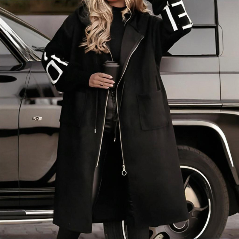 Women's Long Sleeve Letter Print Hooded Coat With Pockets - Image 9