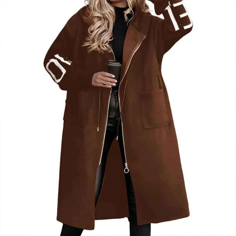 Women's Long Sleeve Letter Print Hooded Coat With Pockets - Image 6