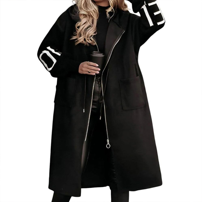 Women's Long Sleeve Letter Print Hooded Coat With Pockets - Image 7