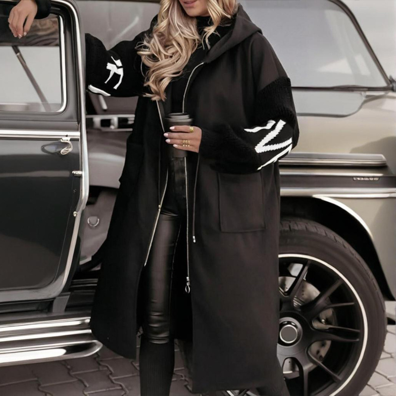 Women's Long Sleeve Letter Print Hooded Coat With Pockets - Image 4